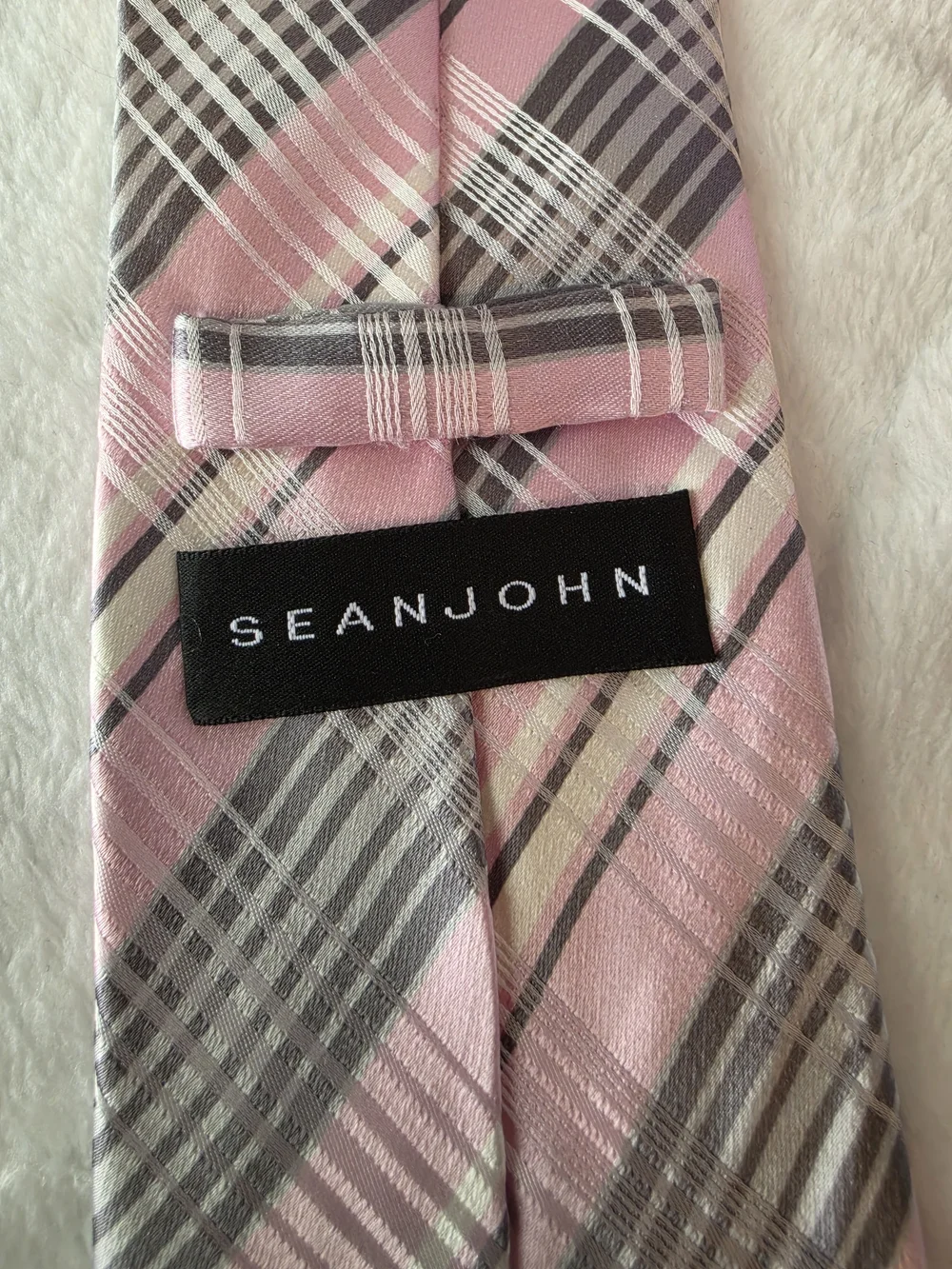 Sean John Men's Silk Necktie Pink Grey White Plaid Woven Formal Tie